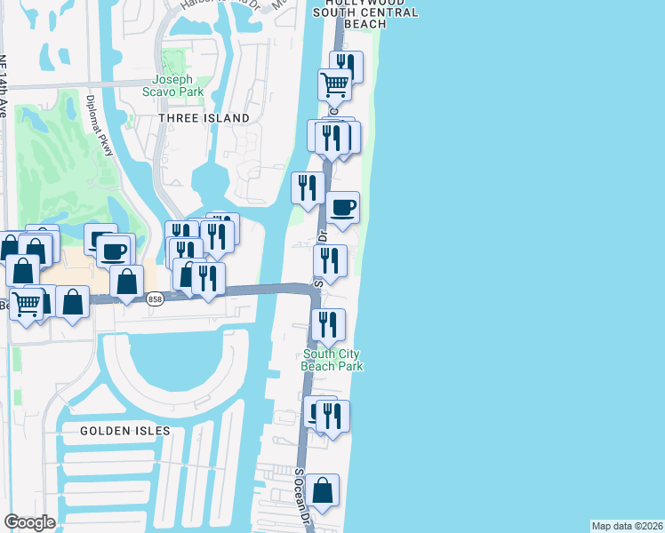 map of restaurants, bars, coffee shops, grocery stores, and more near 3951 South Ocean Drive in Hollywood