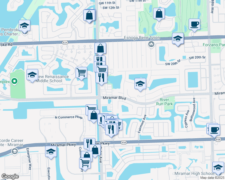 map of restaurants, bars, coffee shops, grocery stores, and more near 2401 Southwest 99th Way in Miramar