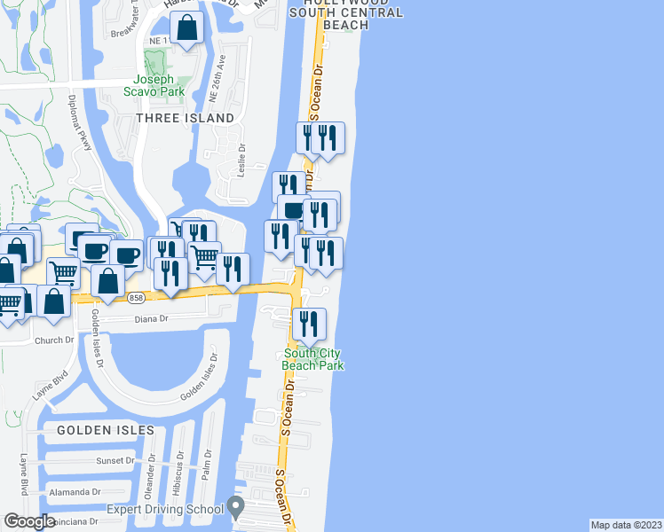 map of restaurants, bars, coffee shops, grocery stores, and more near 3951 South Ocean Drive in Hollywood