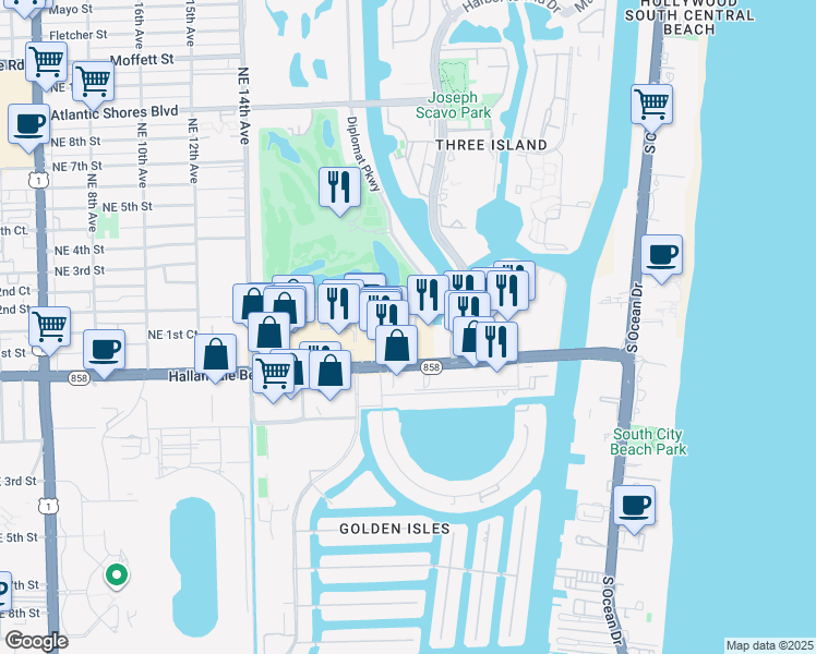 map of restaurants, bars, coffee shops, grocery stores, and more near 1995 East Hallandale Beach Boulevard in Hallandale Beach