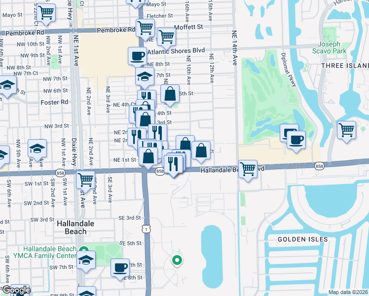 map of restaurants, bars, coffee shops, grocery stores, and more near 161 Northeast 10th Avenue in Hallandale Beach