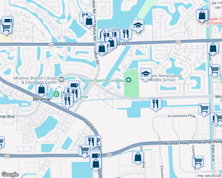 map of restaurants, bars, coffee shops, grocery stores, and more near 2440 West Preserve Way in Miramar