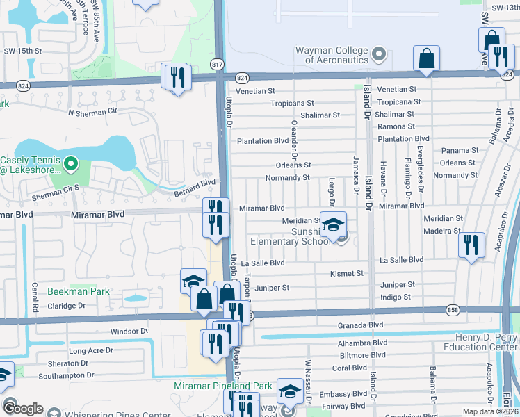 map of restaurants, bars, coffee shops, grocery stores, and more near 2440 Sabal Palm Drive in Miramar