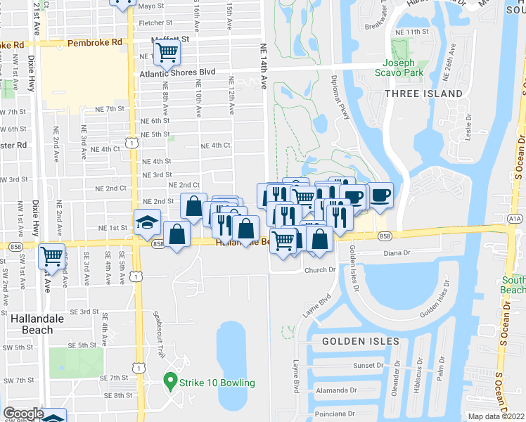 map of restaurants, bars, coffee shops, grocery stores, and more near 1333 East Hallandale Beach Boulevard in Hallandale Beach