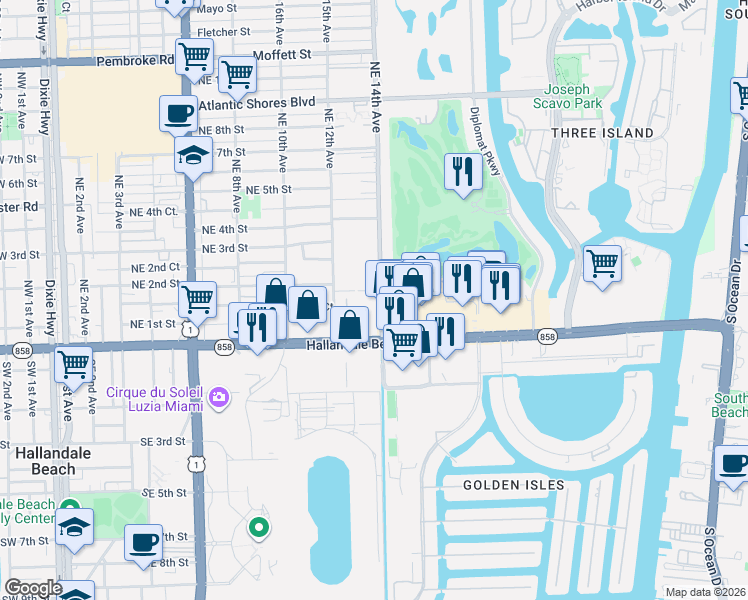 map of restaurants, bars, coffee shops, grocery stores, and more near 1333 East Hallandale Beach Boulevard in Hallandale Beach