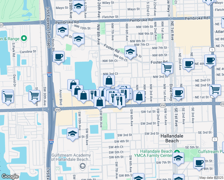 map of restaurants, bars, coffee shops, grocery stores, and more near 713 Northwest 2nd Street in Hallandale Beach