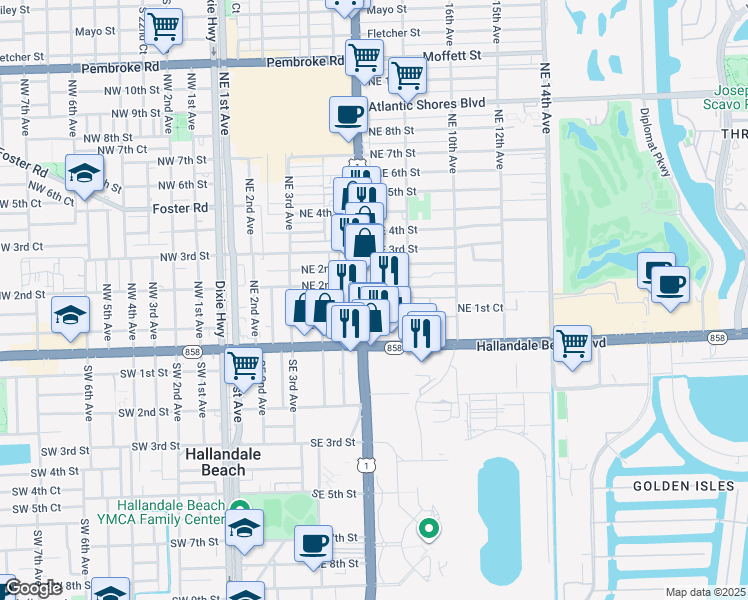 map of restaurants, bars, coffee shops, grocery stores, and more near 126 North Federal Highway in Hallandale Beach