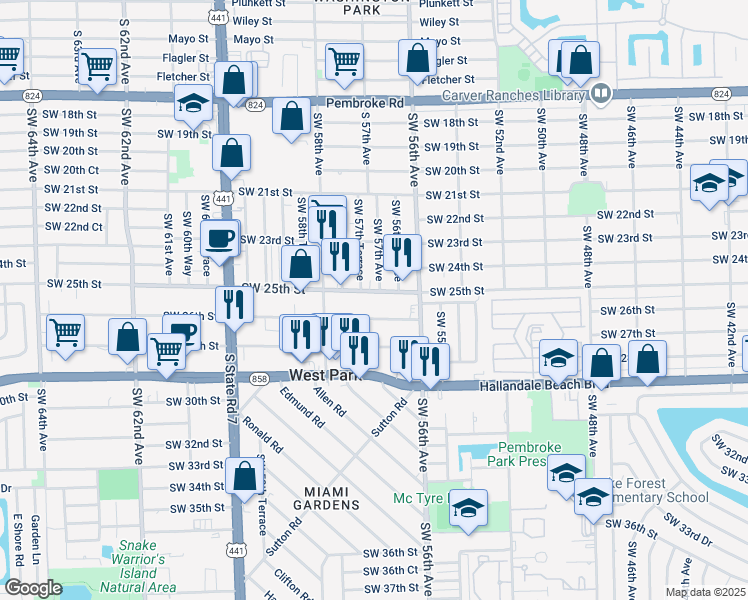 map of restaurants, bars, coffee shops, grocery stores, and more near 5700 Southwest 25th Street in West Park