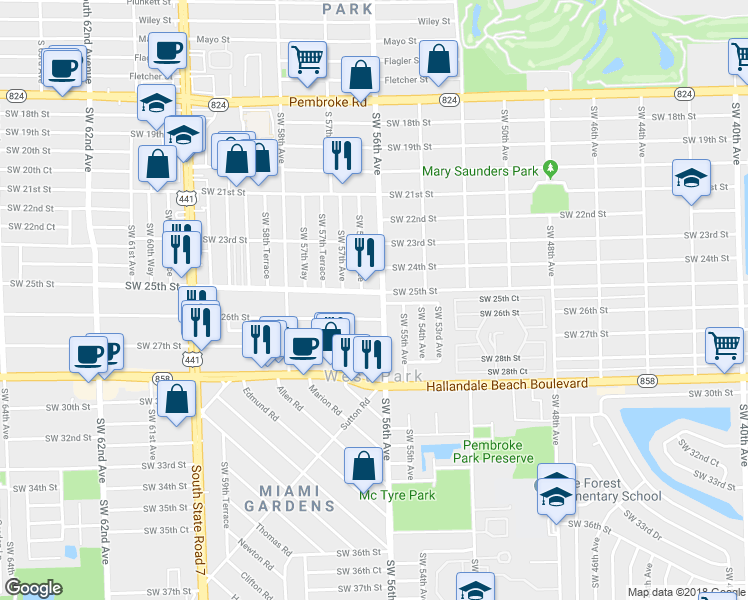 map of restaurants, bars, coffee shops, grocery stores, and more near 2500 Southwest 56th Avenue in West Park