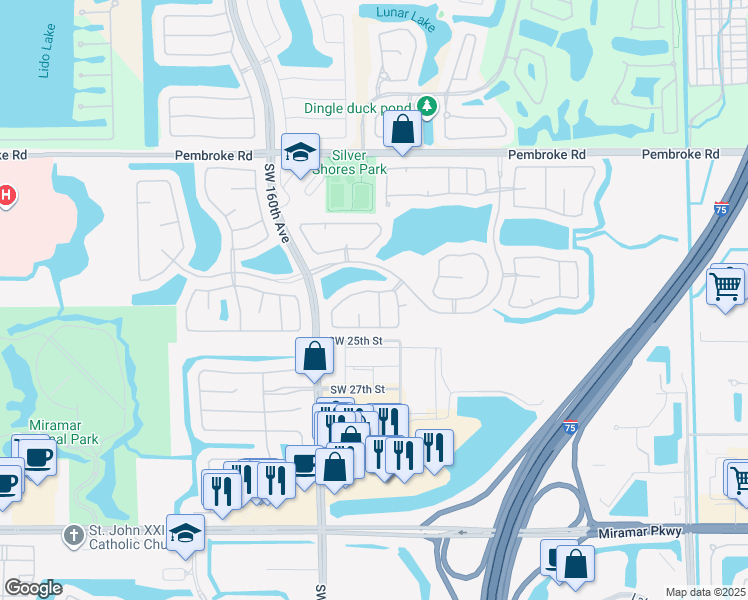 map of restaurants, bars, coffee shops, grocery stores, and more near 15792 Southwest 24th Street in Miramar