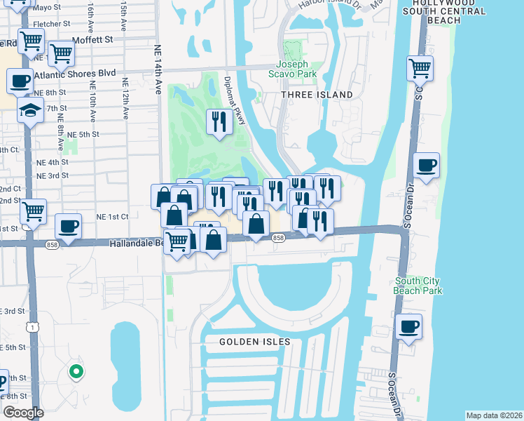 map of restaurants, bars, coffee shops, grocery stores, and more near 1995 East Hallandale Beach Boulevard in Hallandale Beach