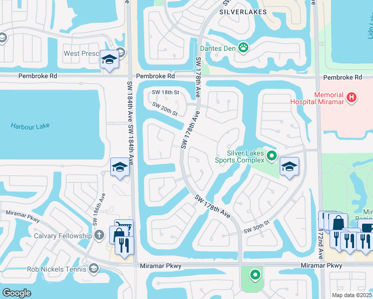 map of restaurants, bars, coffee shops, grocery stores, and more near 2368 Southwest 177th Avenue in Miramar