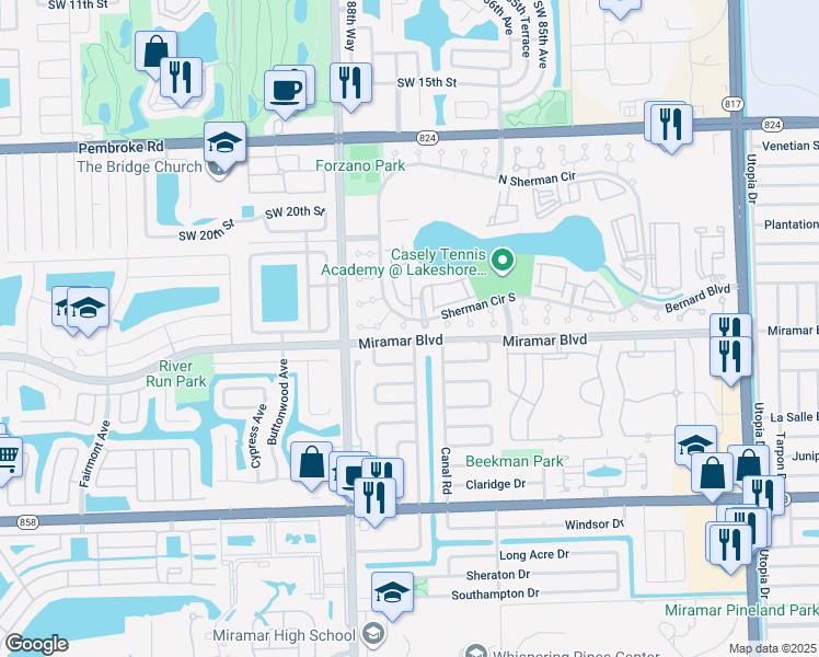 map of restaurants, bars, coffee shops, grocery stores, and more near 2411 87th Terrace in Miramar