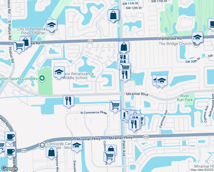 map of restaurants, bars, coffee shops, grocery stores, and more near 10255 Southwest 24th Court in Miramar
