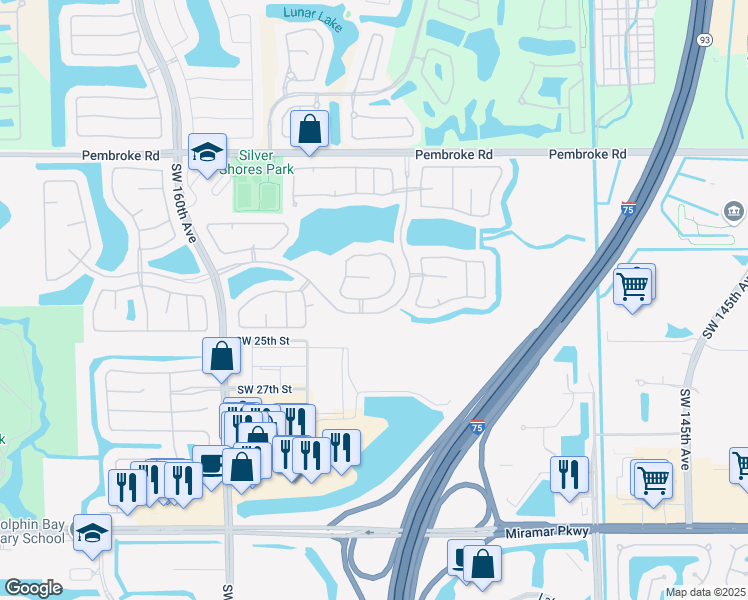map of restaurants, bars, coffee shops, grocery stores, and more near 15258 Southwest 21st Place in Miramar