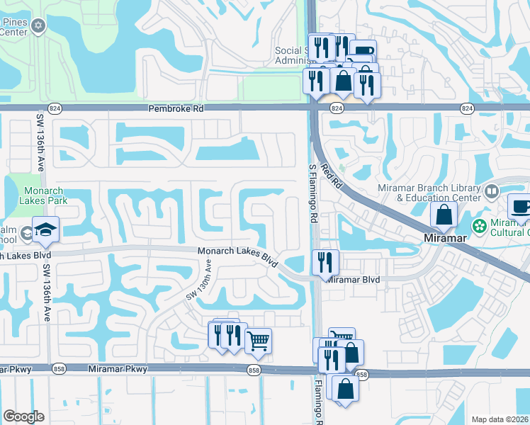 map of restaurants, bars, coffee shops, grocery stores, and more near 12719 Southwest 23rd Street in Miramar