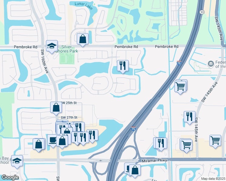 map of restaurants, bars, coffee shops, grocery stores, and more near 2198 Southwest 151st Avenue in Miramar