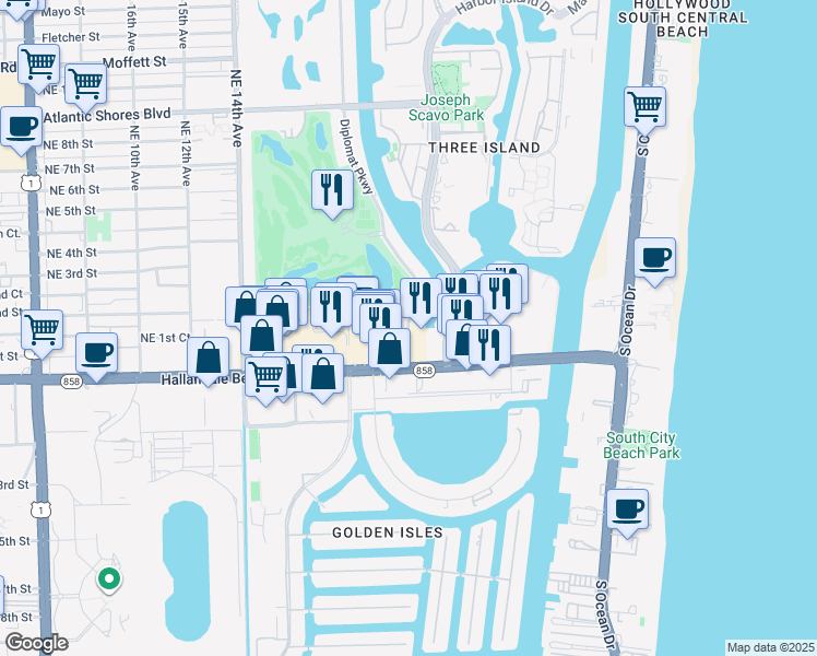 map of restaurants, bars, coffee shops, grocery stores, and more near 1995 East Hallandale Beach Boulevard in Hallandale Beach