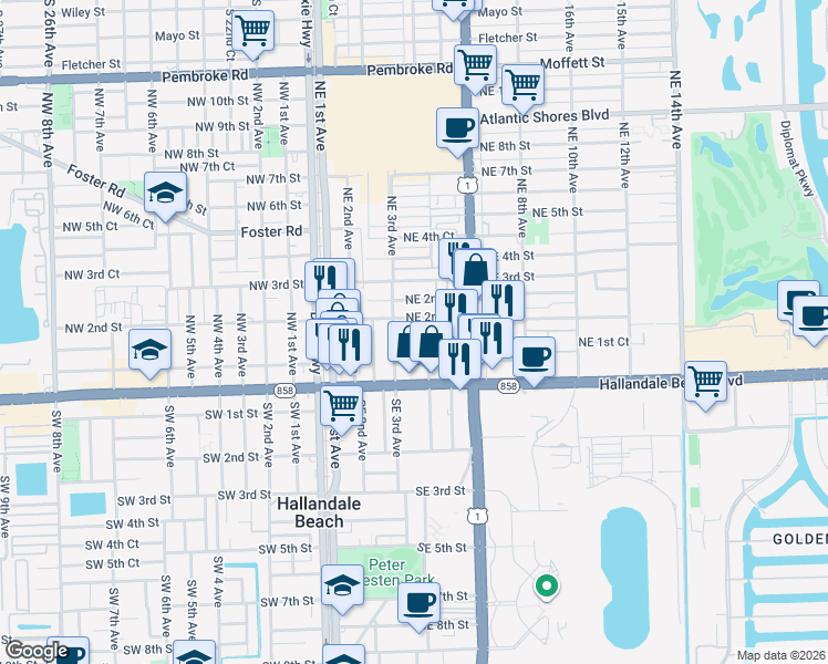 map of restaurants, bars, coffee shops, grocery stores, and more near 321 Northeast 1st Court in Hallandale Beach