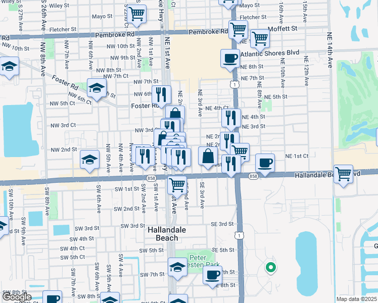 map of restaurants, bars, coffee shops, grocery stores, and more near 117 Northeast 2nd Terrace in Hallandale Beach