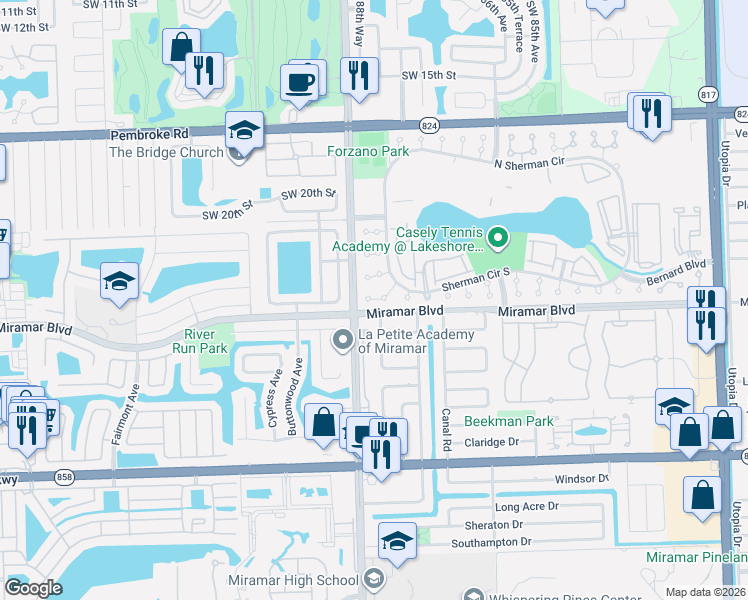 map of restaurants, bars, coffee shops, grocery stores, and more near 8821 Southwest 24th Place in Miramar
