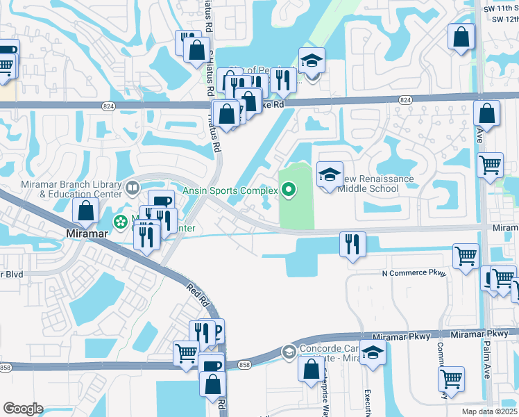 map of restaurants, bars, coffee shops, grocery stores, and more near 2440 West Preserve Way in Miramar