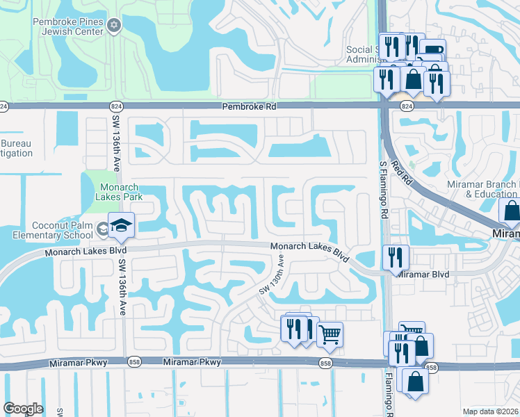 map of restaurants, bars, coffee shops, grocery stores, and more near 2242 Southwest 130th Terrace in Miramar