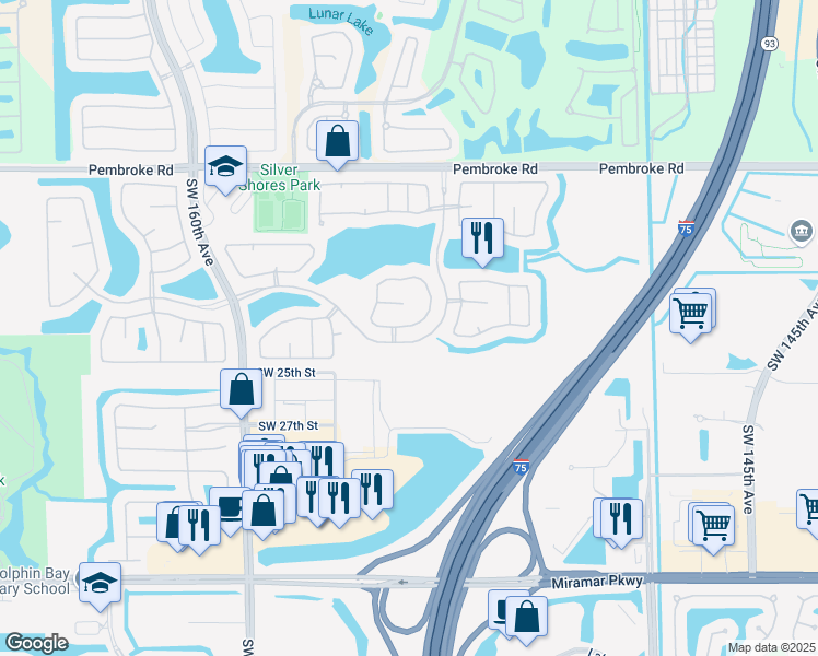 map of restaurants, bars, coffee shops, grocery stores, and more near 15258 Southwest 21st Place in Miramar
