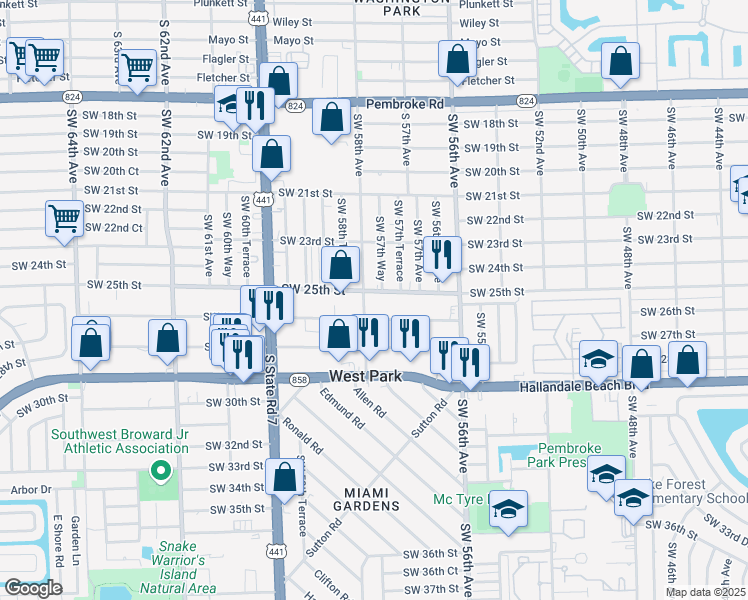 map of restaurants, bars, coffee shops, grocery stores, and more near 5780 Southwest 25th Street in West Park