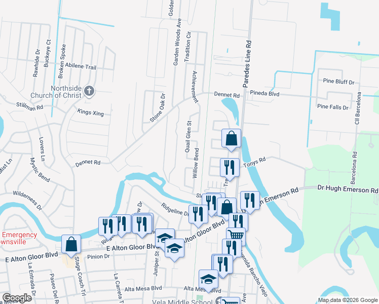 map of restaurants, bars, coffee shops, grocery stores, and more near 5432 Quail Glen Street in Brownsville