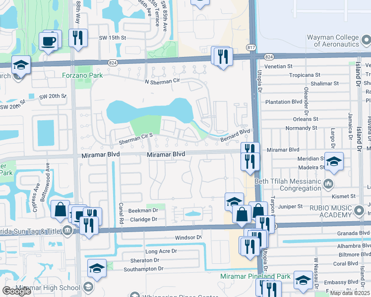 map of restaurants, bars, coffee shops, grocery stores, and more near 2421 Southwest 83rd Terrace in Miramar