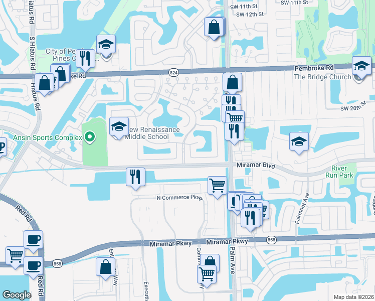 map of restaurants, bars, coffee shops, grocery stores, and more near 2436 Southwest 103rd Avenue in Miramar
