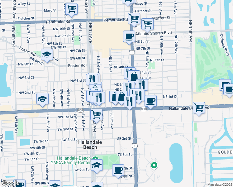 map of restaurants, bars, coffee shops, grocery stores, and more near 321 Northeast 1st Court in Hallandale Beach