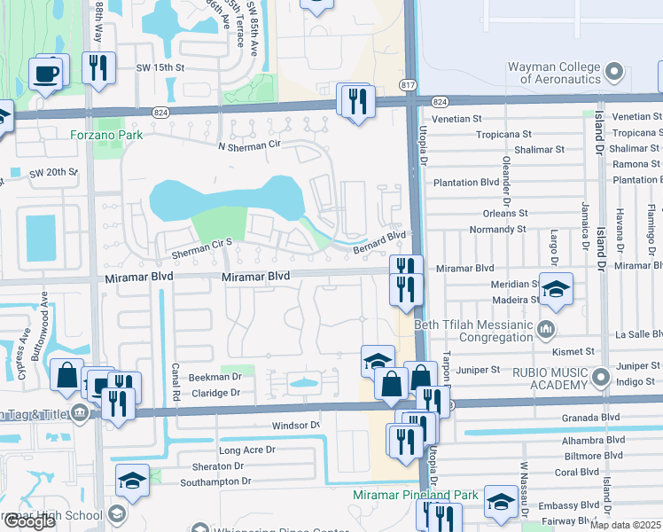 map of restaurants, bars, coffee shops, grocery stores, and more near 2461 Southwest 82nd Terrace in Miramar
