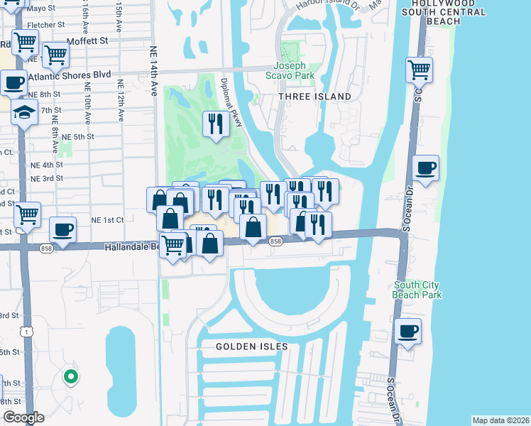map of restaurants, bars, coffee shops, grocery stores, and more near 1995 East Hallandale Beach Boulevard in Hallandale Beach