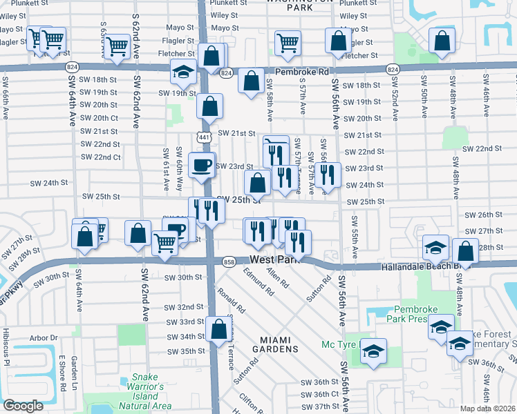 map of restaurants, bars, coffee shops, grocery stores, and more near 5820 Southwest 25th Street in West Park