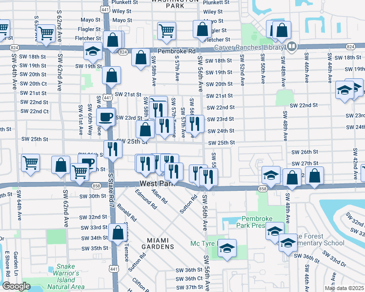 map of restaurants, bars, coffee shops, grocery stores, and more near 5700 Southwest 25th Street in West Park