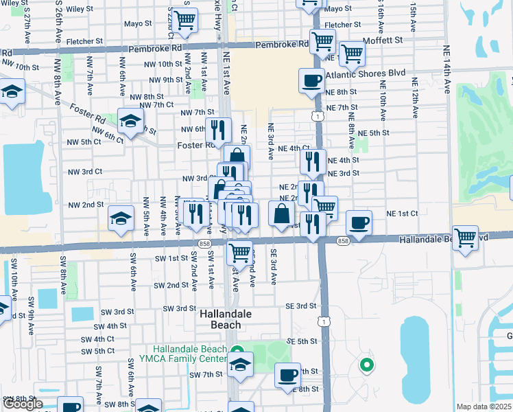 map of restaurants, bars, coffee shops, grocery stores, and more near 117 Northeast 2nd Terrace in Hallandale Beach