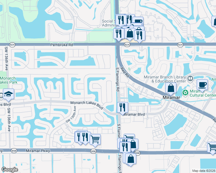 map of restaurants, bars, coffee shops, grocery stores, and more near 2249 Southwest 126th Avenue in Miramar