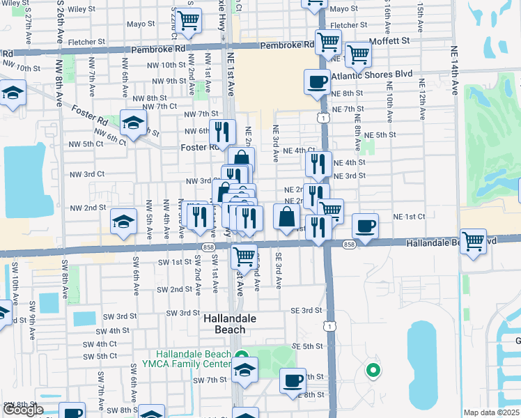 map of restaurants, bars, coffee shops, grocery stores, and more near 117 Northeast 2nd Terrace in Hallandale Beach