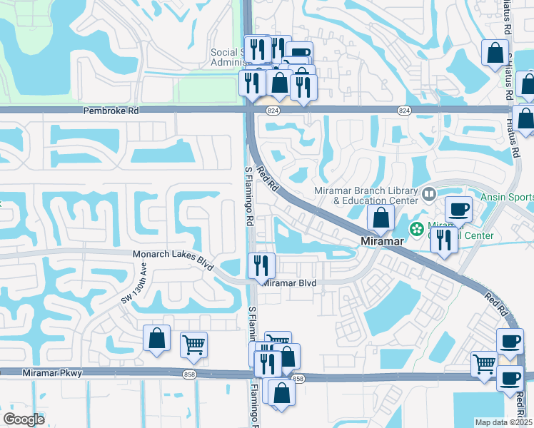 map of restaurants, bars, coffee shops, grocery stores, and more near 2464 Centergate Drive in Miramar