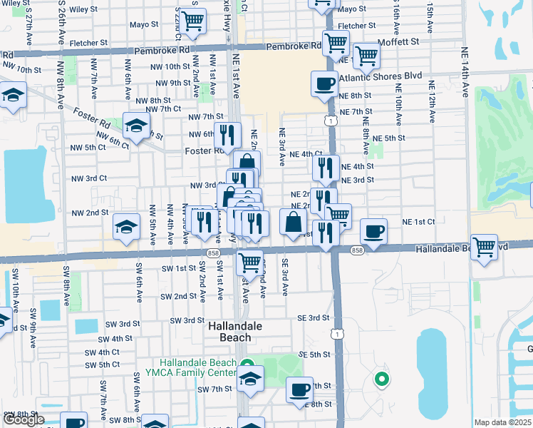 map of restaurants, bars, coffee shops, grocery stores, and more near 117 Northeast 2nd Terrace in Hallandale Beach