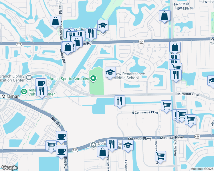 map of restaurants, bars, coffee shops, grocery stores, and more near 10701 Miramar Boulevard in Miramar