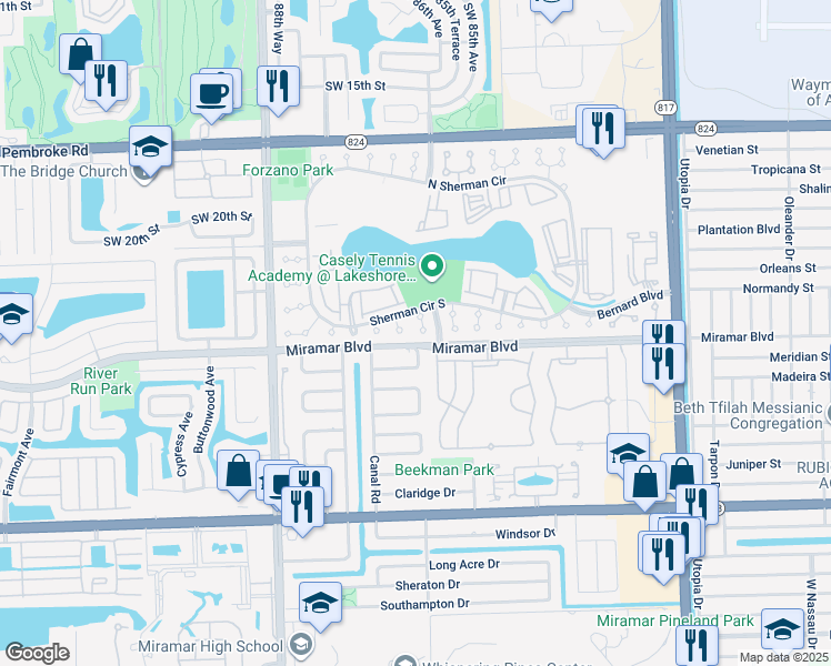 map of restaurants, bars, coffee shops, grocery stores, and more near 2440 Southwest 85th Terrace in Miramar