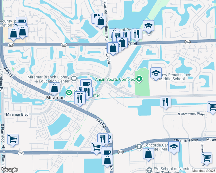 map of restaurants, bars, coffee shops, grocery stores, and more near 11190 Miramar Boulevard in Hollywood