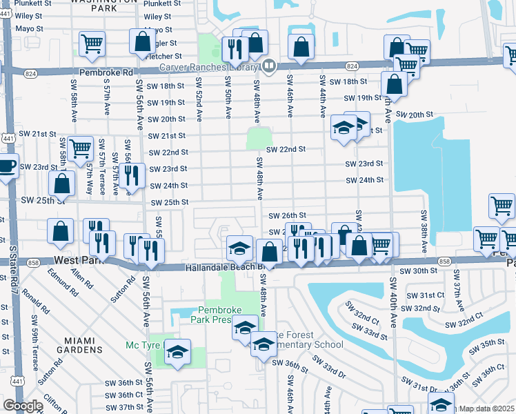 map of restaurants, bars, coffee shops, grocery stores, and more near 2511 Southwest 48th Terrace in Hollywood