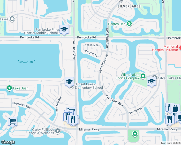 map of restaurants, bars, coffee shops, grocery stores, and more near 2333 Southwest 181st Terrace in Miramar
