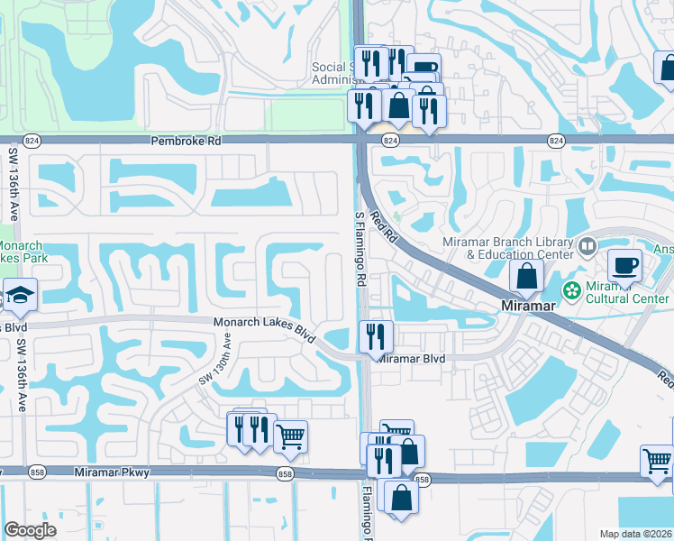 map of restaurants, bars, coffee shops, grocery stores, and more near 2249 Southwest 126th Avenue in Miramar