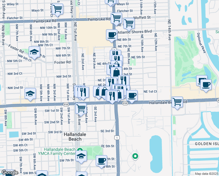map of restaurants, bars, coffee shops, grocery stores, and more near 401 Northeast 1st Court in Hallandale Beach