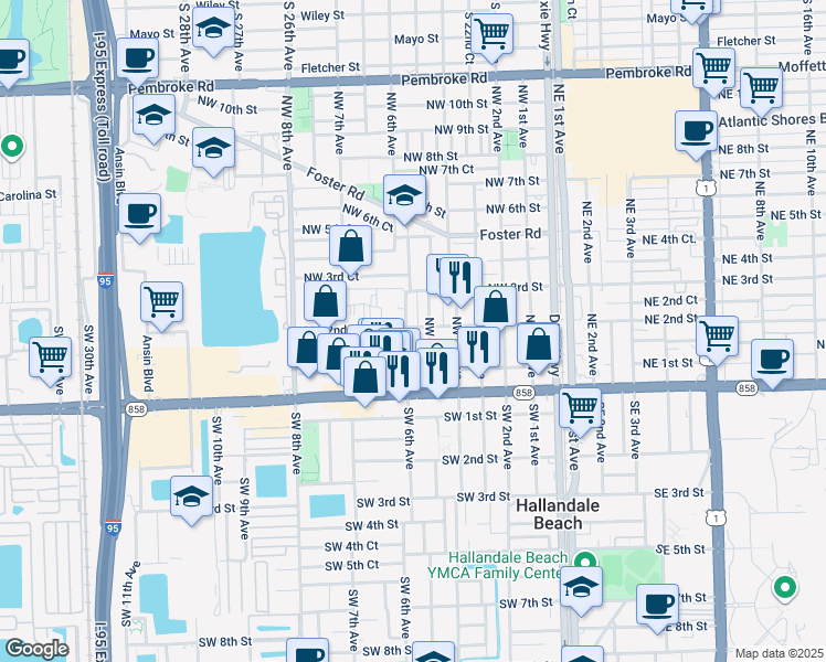 map of restaurants, bars, coffee shops, grocery stores, and more near 136 Northwest 6th Avenue in Hallandale Beach
